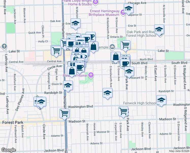 map of restaurants, bars, coffee shops, grocery stores, and more near 200 Home Avenue in Oak Park