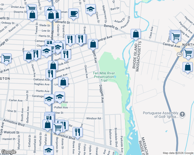map of restaurants, bars, coffee shops, grocery stores, and more near 341 Daggett Avenue in Pawtucket