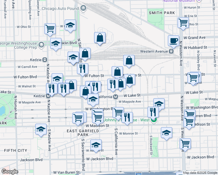map of restaurants, bars, coffee shops, grocery stores, and more near 2830 West Lake Street in Chicago