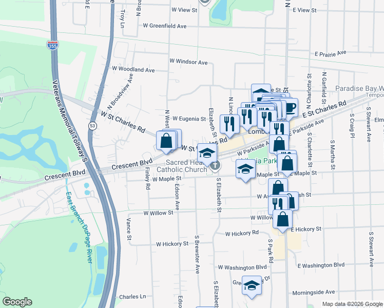map of restaurants, bars, coffee shops, grocery stores, and more near 344 West Maple Street in Lombard