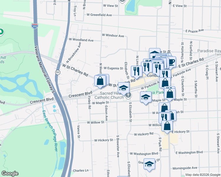 map of restaurants, bars, coffee shops, grocery stores, and more near 344 West Maple Street in Lombard