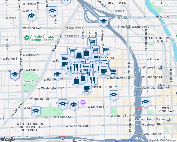 map of restaurants, bars, coffee shops, grocery stores, and more near 1116 West Randolph Street in Chicago