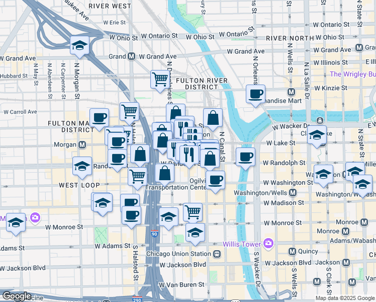 map of restaurants, bars, coffee shops, grocery stores, and more near 180 North Jefferson Street in Chicago