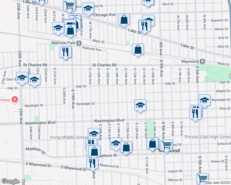 map of restaurants, bars, coffee shops, grocery stores, and more near 238 South 14th Avenue in Maywood