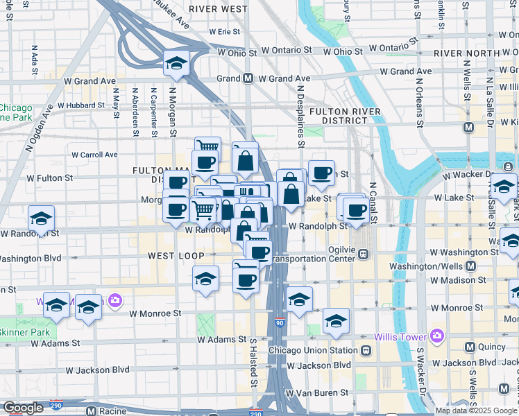 map of restaurants, bars, coffee shops, grocery stores, and more near 708 West Randolph Street in Chicago