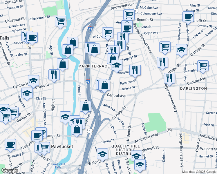 map of restaurants, bars, coffee shops, grocery stores, and more near 399 Broadway in Pawtucket