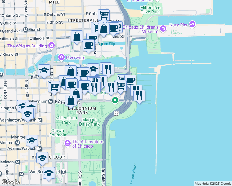 map of restaurants, bars, coffee shops, grocery stores, and more near 195 North Harbor Service Drive in Chicago