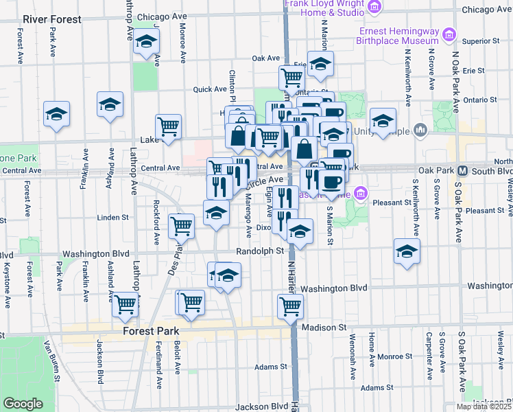 map of restaurants, bars, coffee shops, grocery stores, and more near 7244 Circle Avenue in Forest Park