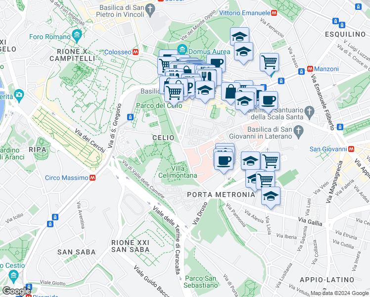 map of restaurants, bars, coffee shops, grocery stores, and more near 7 Via di Santo Stefano Rotondo in Rome