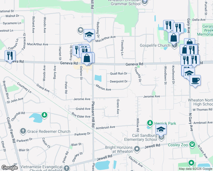 map of restaurants, bars, coffee shops, grocery stores, and more near N720 Waterbury Drive in Wheaton