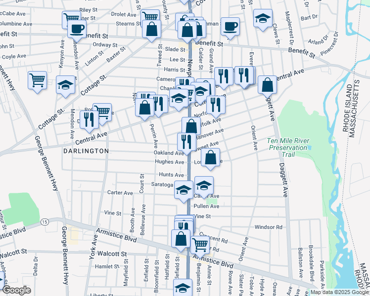 map of restaurants, bars, coffee shops, grocery stores, and more near 1124 Newport Avenue in Pawtucket
