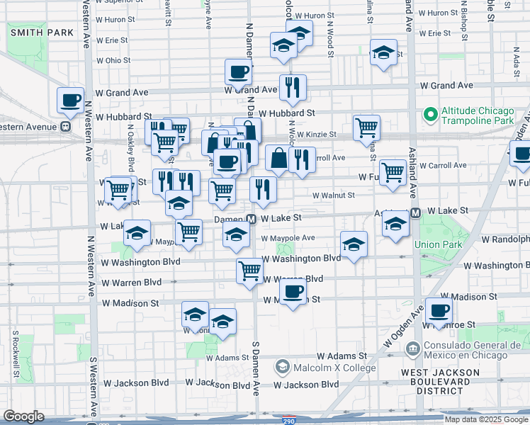 map of restaurants, bars, coffee shops, grocery stores, and more near 1958 West Walnut Street in Chicago