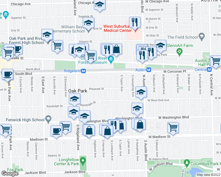 map of restaurants, bars, coffee shops, grocery stores, and more near Pleasant St & S Lombard Ave in Oak Park