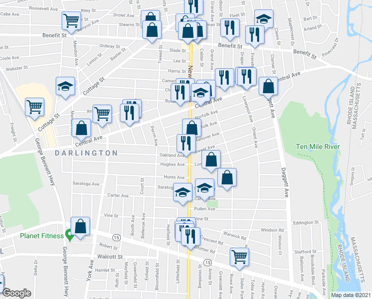 map of restaurants, bars, coffee shops, grocery stores, and more near 19 Short Street in Pawtucket