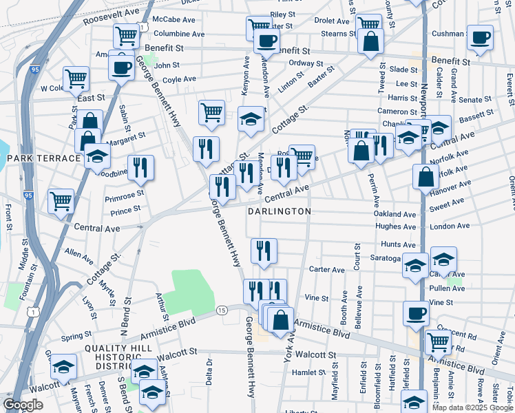 map of restaurants, bars, coffee shops, grocery stores, and more near 155 Mendon Avenue in Pawtucket