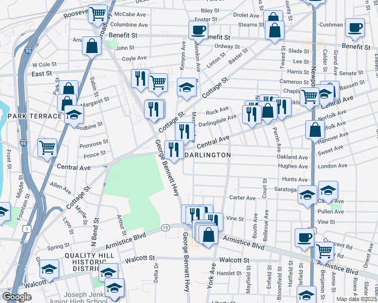 map of restaurants, bars, coffee shops, grocery stores, and more near 155 Mendon Avenue in Pawtucket
