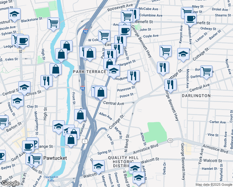 map of restaurants, bars, coffee shops, grocery stores, and more near 91 Daniels Street in Pawtucket