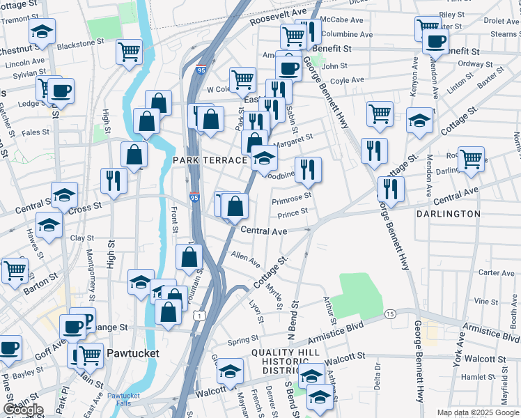 map of restaurants, bars, coffee shops, grocery stores, and more near 91 Daniels Street in Pawtucket