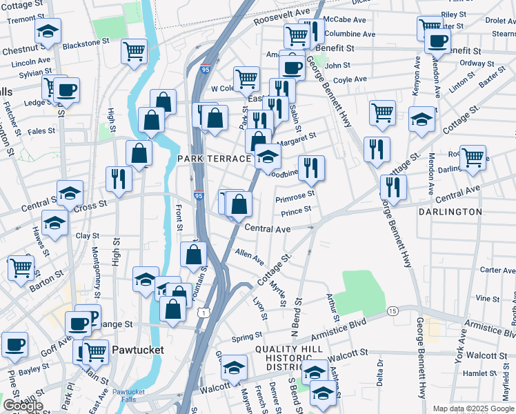 map of restaurants, bars, coffee shops, grocery stores, and more near 91 Daniels Street in Pawtucket