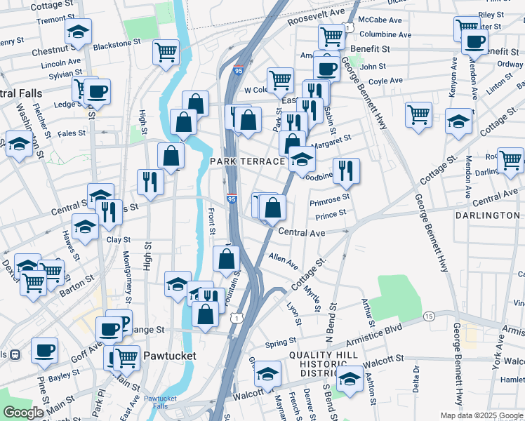 map of restaurants, bars, coffee shops, grocery stores, and more near 35 Park Street in Pawtucket