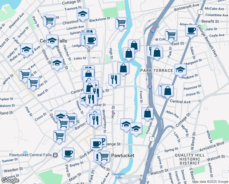 map of restaurants, bars, coffee shops, grocery stores, and more near 27 Cross Street in Central Falls