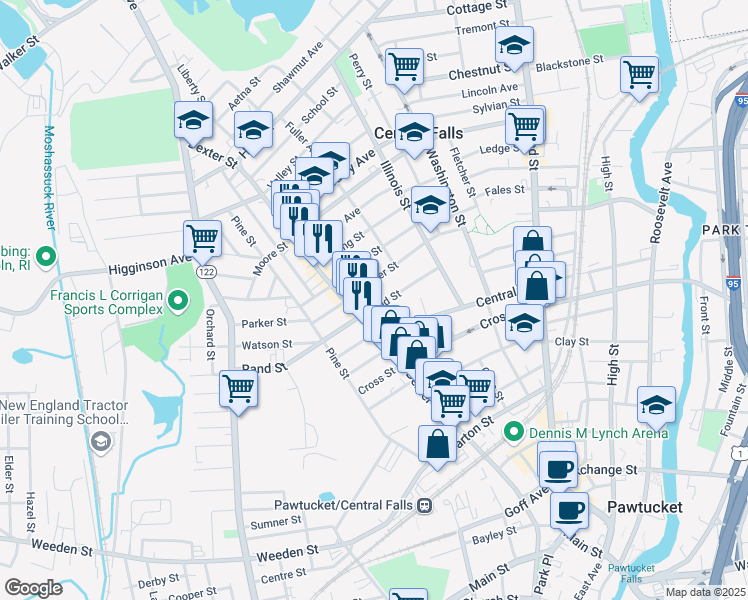 map of restaurants, bars, coffee shops, grocery stores, and more near 112 Summer Street in Central Falls
