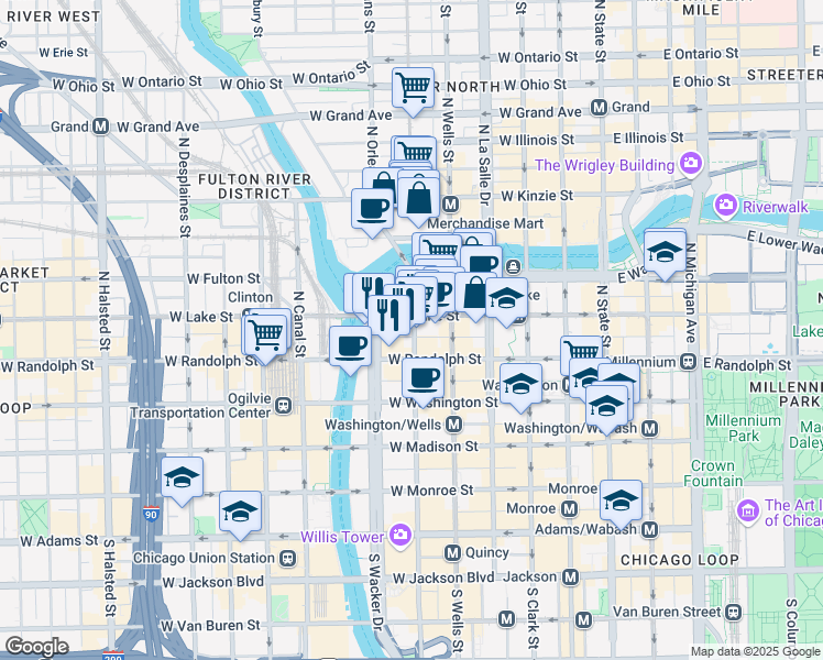 map of restaurants, bars, coffee shops, grocery stores, and more near 333 West Wacker Drive in Chicago