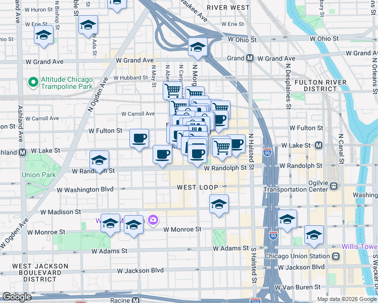 map of restaurants, bars, coffee shops, grocery stores, and more near in Chicago