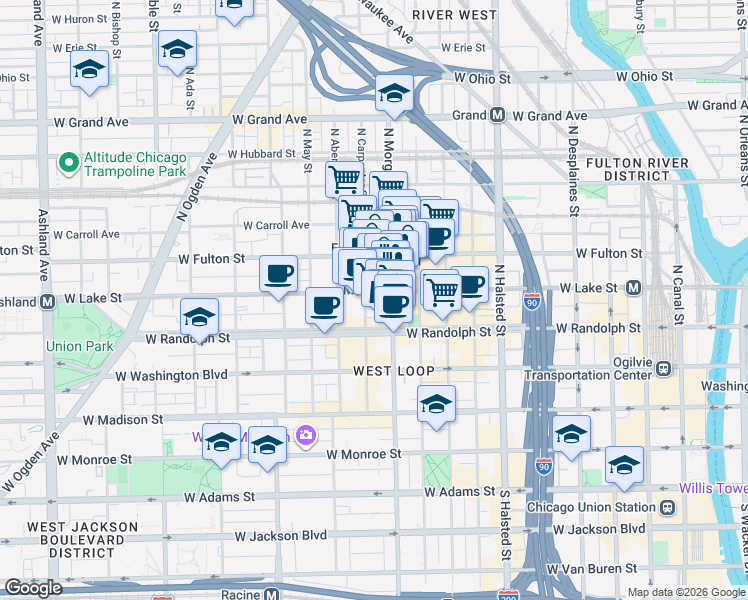 map of restaurants, bars, coffee shops, grocery stores, and more near in Chicago