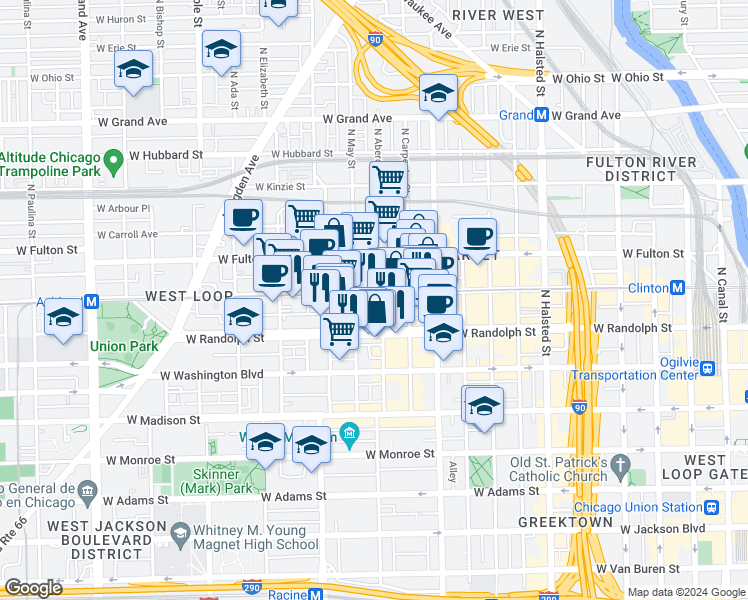 map of restaurants, bars, coffee shops, grocery stores, and more near 213 North May Street in Chicago