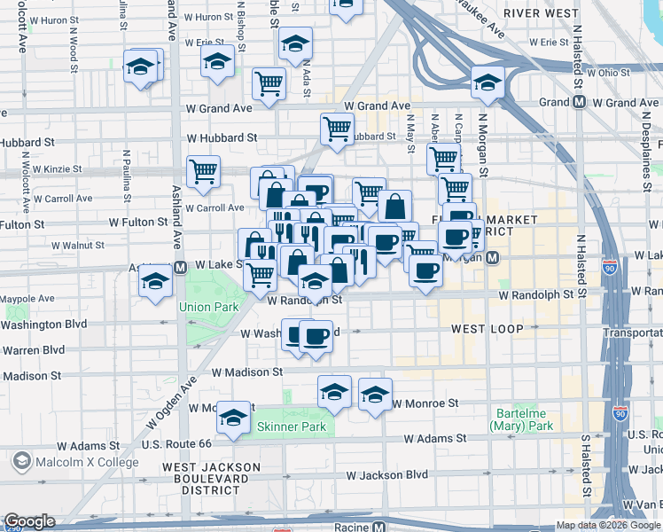 map of restaurants, bars, coffee shops, grocery stores, and more near 1326 West Lake Street in Chicago