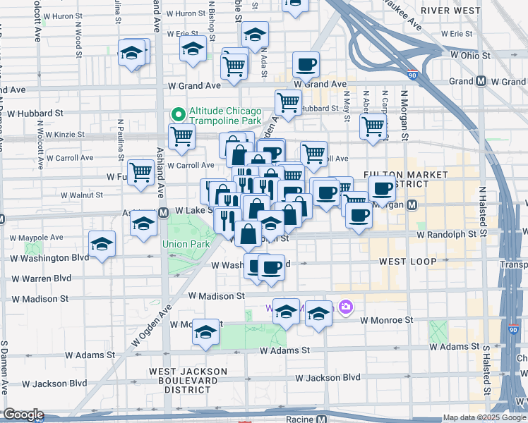 map of restaurants, bars, coffee shops, grocery stores, and more near 1370 West Lake Street in Chicago