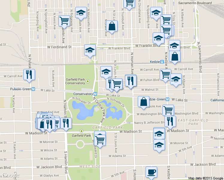 map of restaurants, bars, coffee shops, grocery stores, and more near 3509 West Fulton Boulevard in Chicago