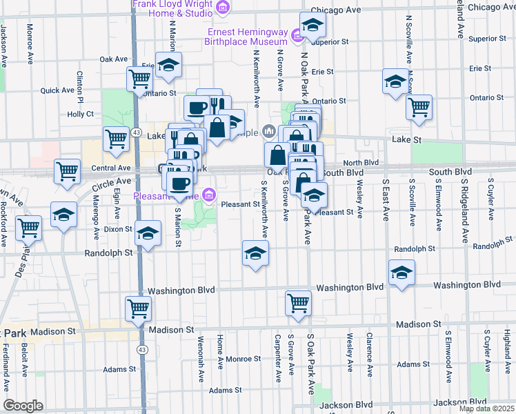 map of restaurants, bars, coffee shops, grocery stores, and more near 120 Clinton Avenue in Oak Park