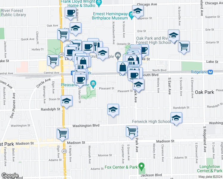 map of restaurants, bars, coffee shops, grocery stores, and more near 120 Clinton Avenue in Oak Park