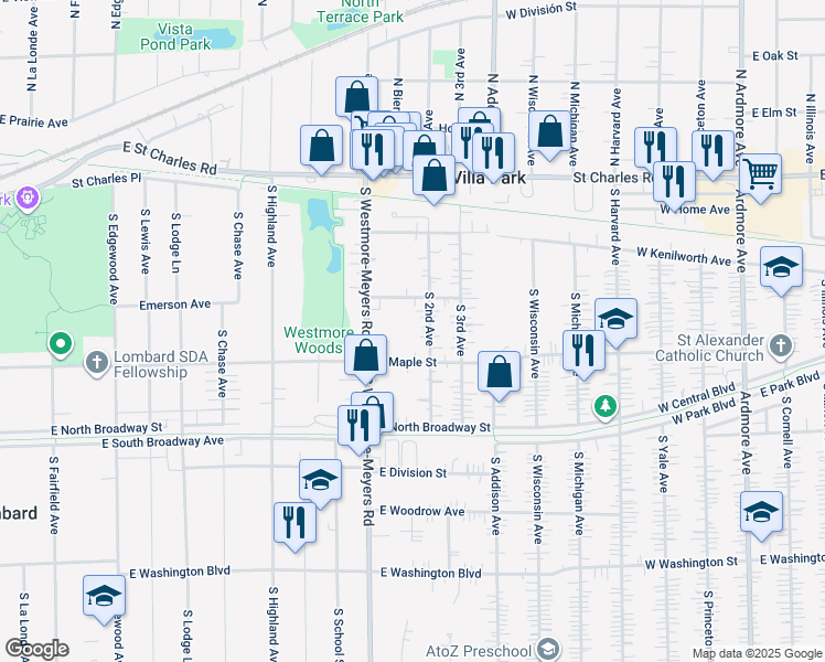 map of restaurants, bars, coffee shops, grocery stores, and more near 1053 East Emerson Avenue in Lombard