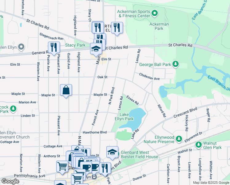 map of restaurants, bars, coffee shops, grocery stores, and more near 721 North Park Boulevard in Glen Ellyn