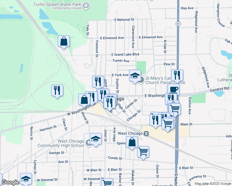 map of restaurants, bars, coffee shops, grocery stores, and more near 130 Sophia Street in West Chicago