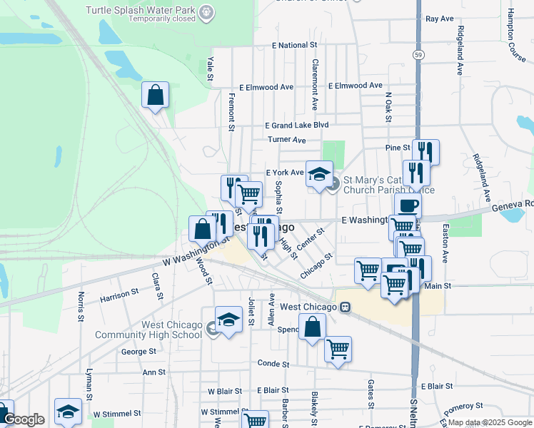 map of restaurants, bars, coffee shops, grocery stores, and more near 130 Sophia Street in West Chicago