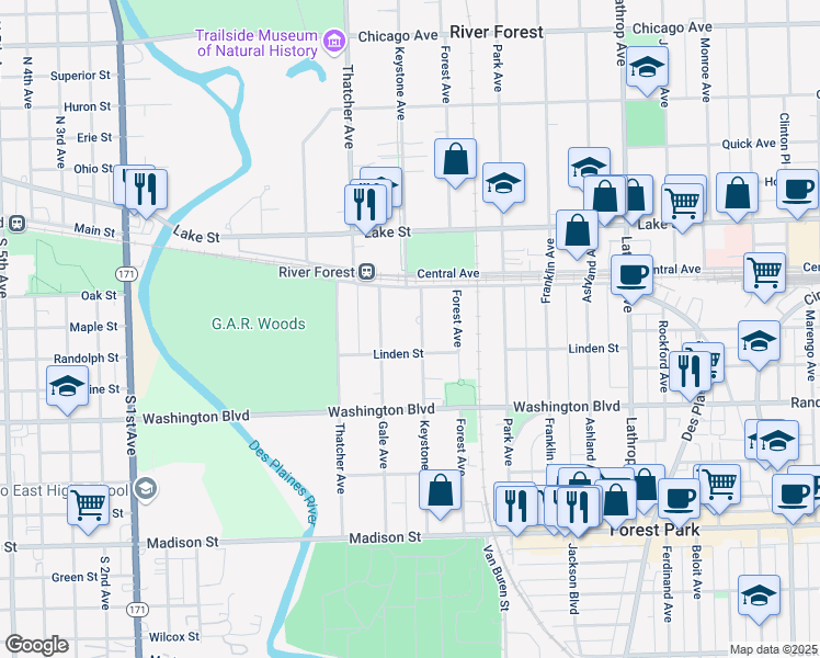 map of restaurants, bars, coffee shops, grocery stores, and more near 336 Keystone Avenue in River Forest