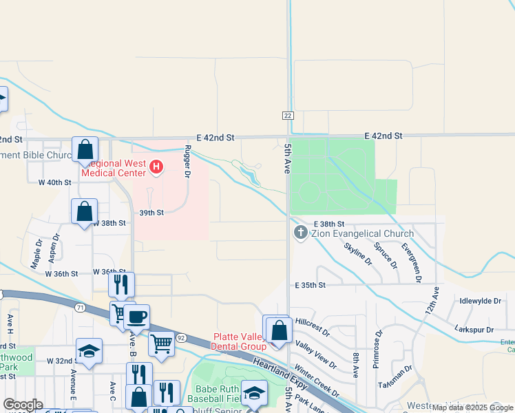 map of restaurants, bars, coffee shops, grocery stores, and more near 301 East 38th Street in Scottsbluff