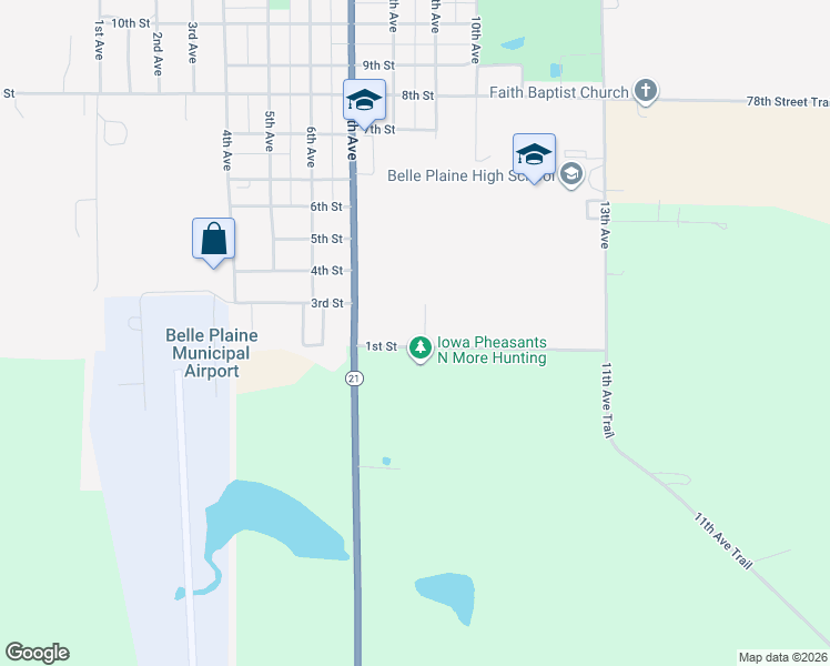 map of restaurants, bars, coffee shops, grocery stores, and more near 105 9th Ave in Belle Plaine