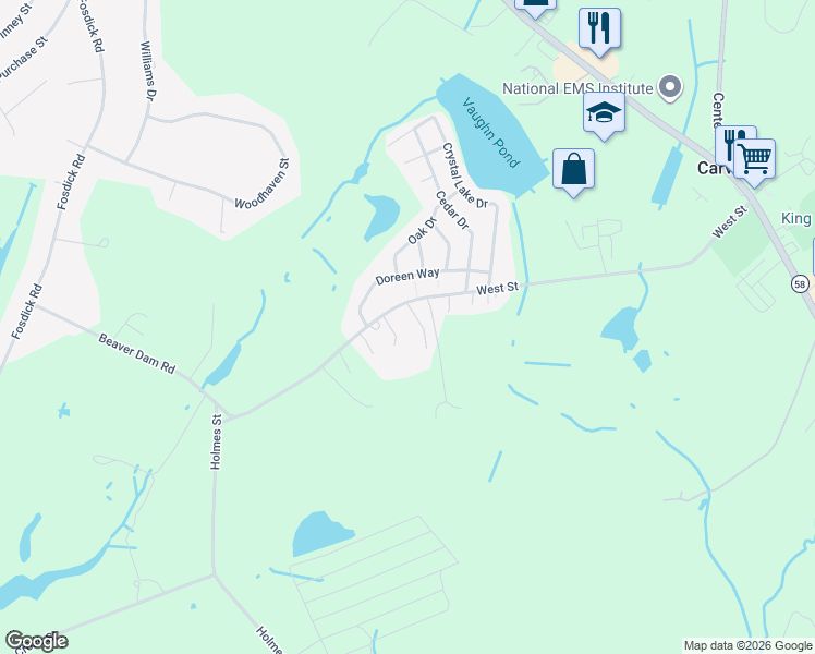 map of restaurants, bars, coffee shops, grocery stores, and more near 55 West Street in Carver