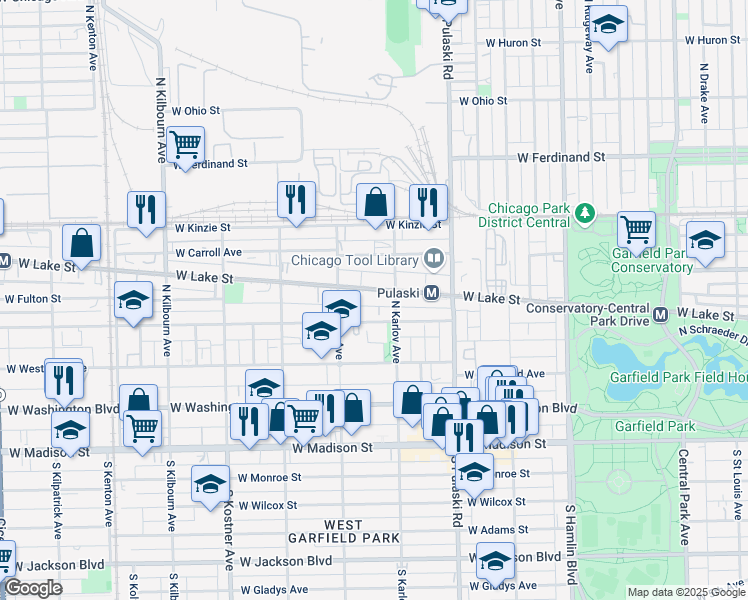 map of restaurants, bars, coffee shops, grocery stores, and more near 4121 West Lake Street in Chicago