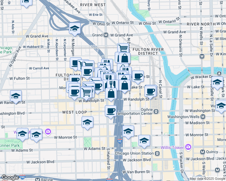 map of restaurants, bars, coffee shops, grocery stores, and more near 727 West Lake Street in Chicago