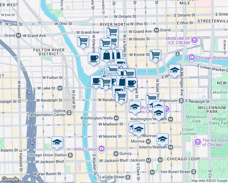 map of restaurants, bars, coffee shops, grocery stores, and more near 204 North Wells Street in Chicago