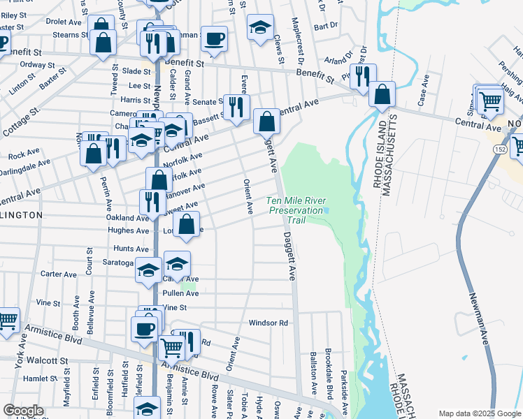 map of restaurants, bars, coffee shops, grocery stores, and more near 186 Bristol Avenue in Pawtucket
