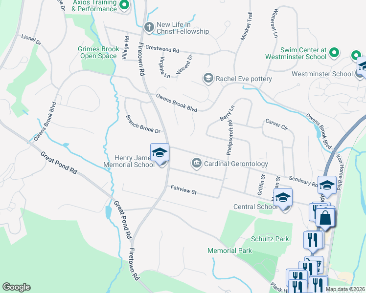 map of restaurants, bars, coffee shops, grocery stores, and more near 14 Hearthstone Drive in Simsbury