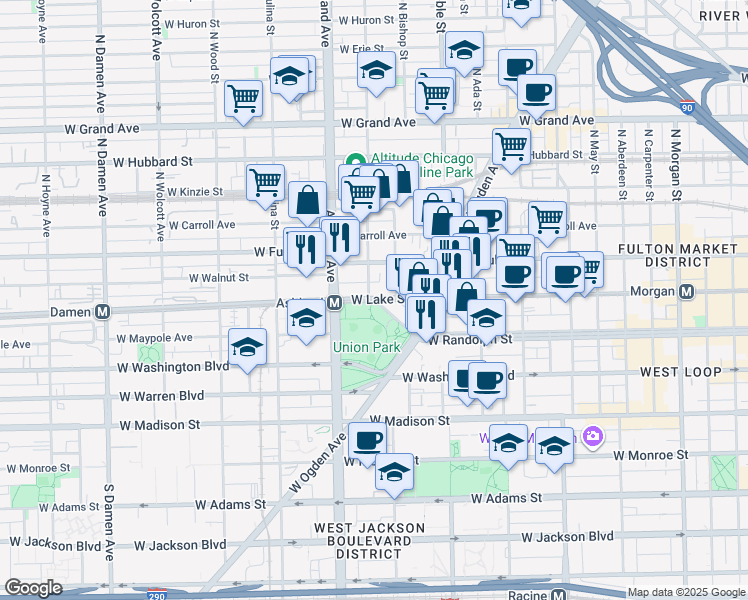 map of restaurants, bars, coffee shops, grocery stores, and more near West Randolph Street in Chicago