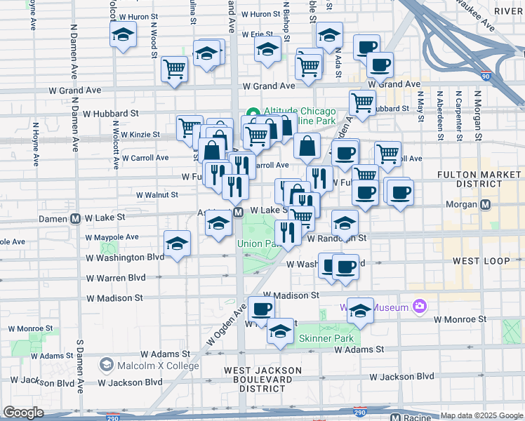 map of restaurants, bars, coffee shops, grocery stores, and more near 1532 West Lake Street in Chicago